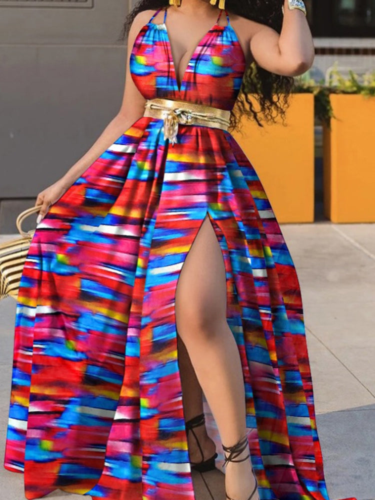 Maxikleid mit gepunktetem Schlitz und Druck