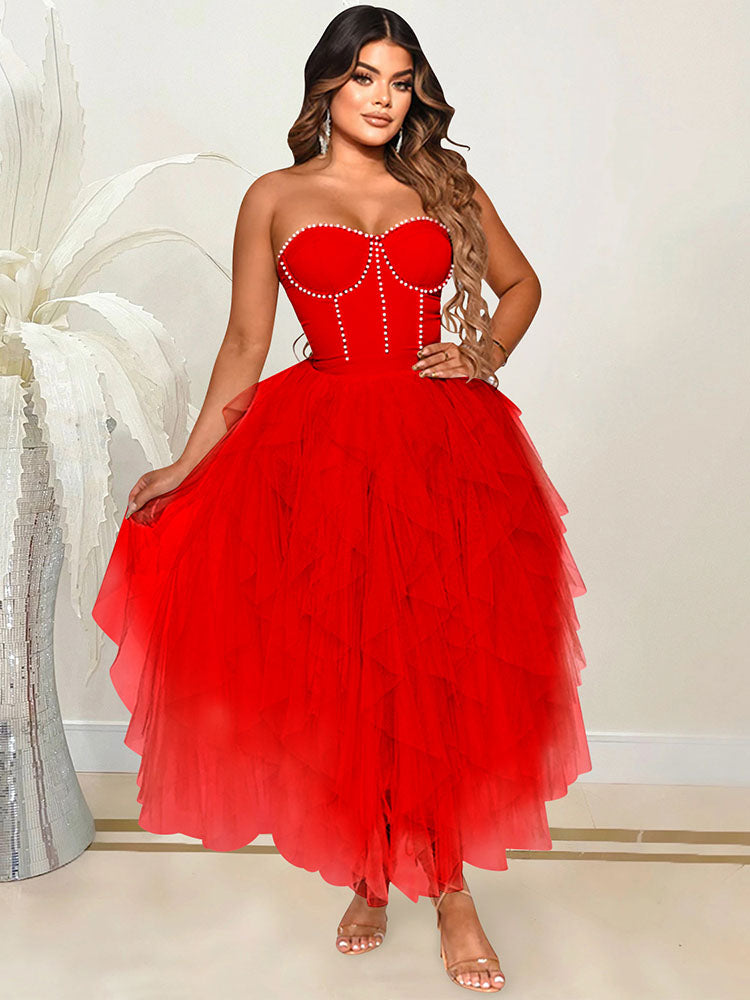 Strassbesetztes Midi-Ballkleid aus Tüll