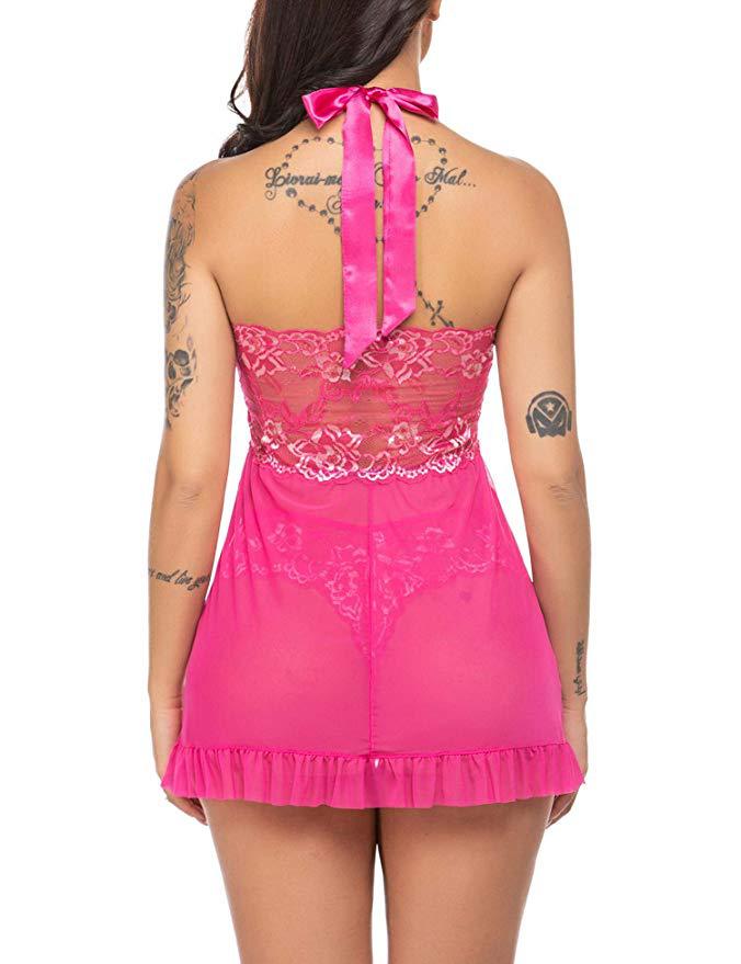 Vestido mini de encaje sexy para mujer, ropa de dormir con perspectiva, pijama, conjunto de lencería con cuello halter y tanga.