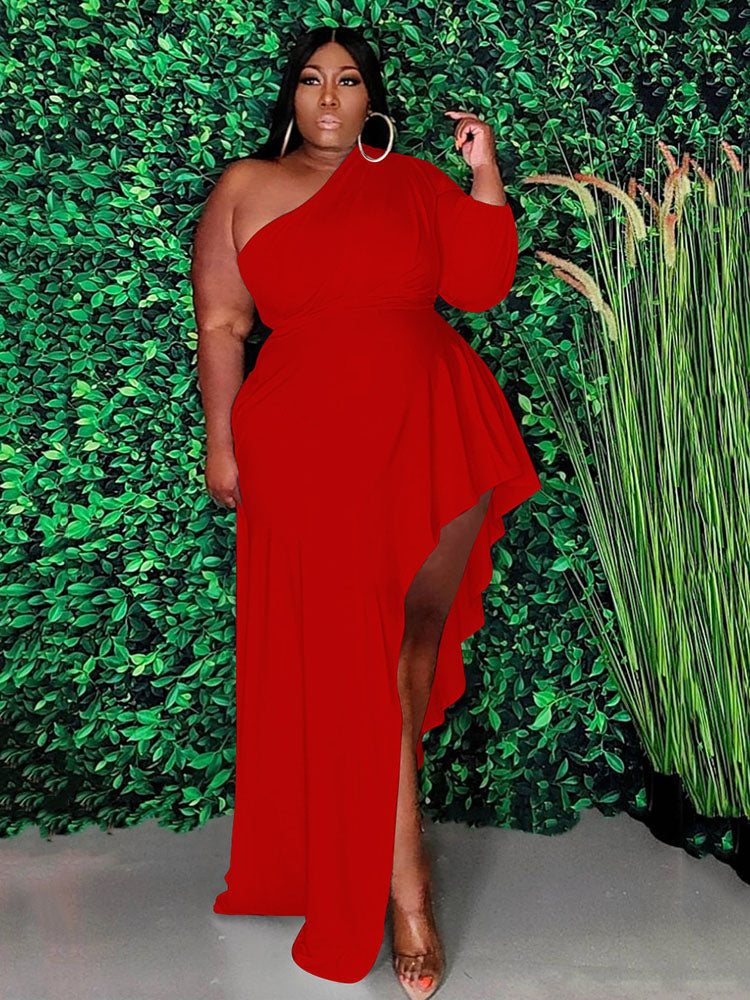 Solid Oblique Collar Dresses