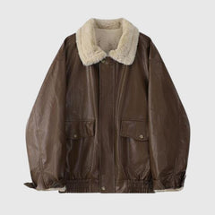 Abrigo de cuero de moto vintage con cremallera y peso pesado