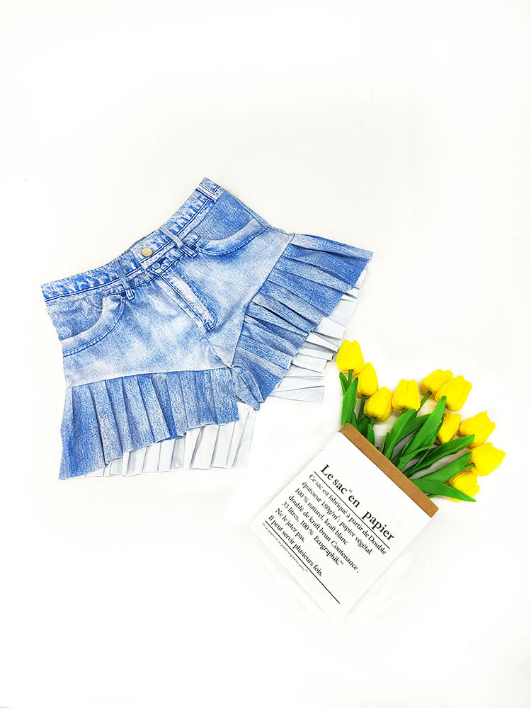 Lässige Shorts mit Jeans-Print und Rüschensaum