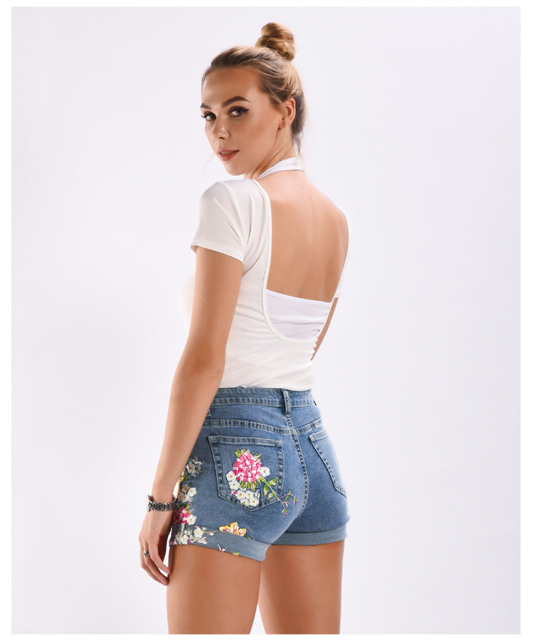 Jeansshorts mit Vintage-Blumendruck