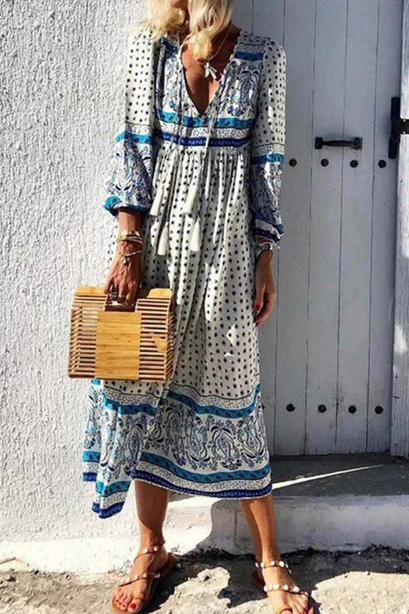 Print Split Joint V Neck Cake Skirt Dresses(4 colors) Ins Street