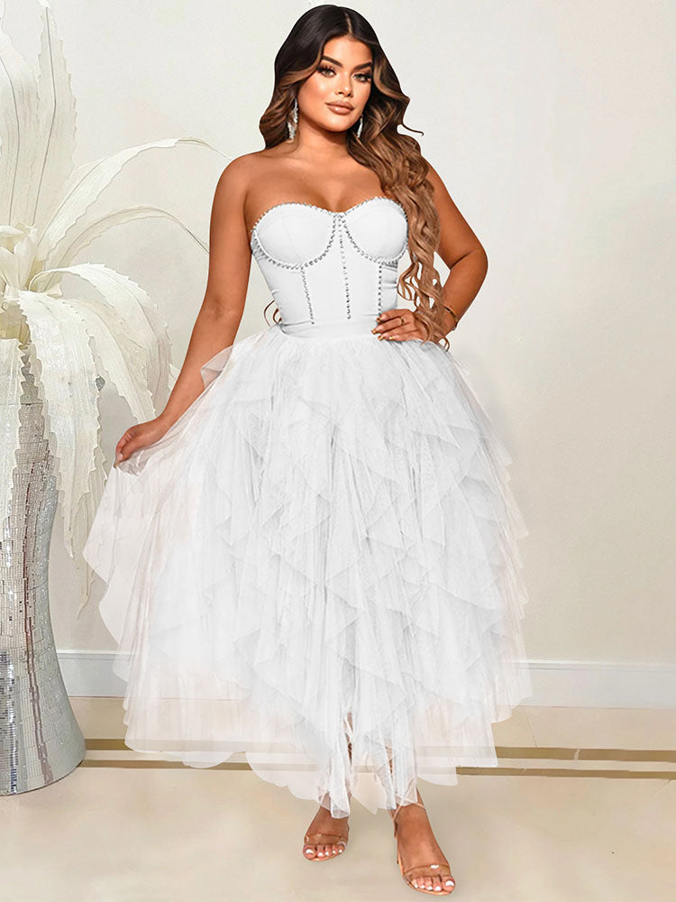 Strassbesetztes Midi-Ballkleid aus Tüll