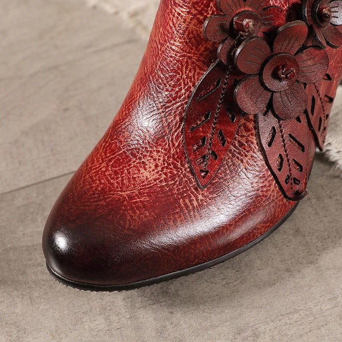 Botas de tacón de piel auténtica, estilo bohemio, estilo vintage