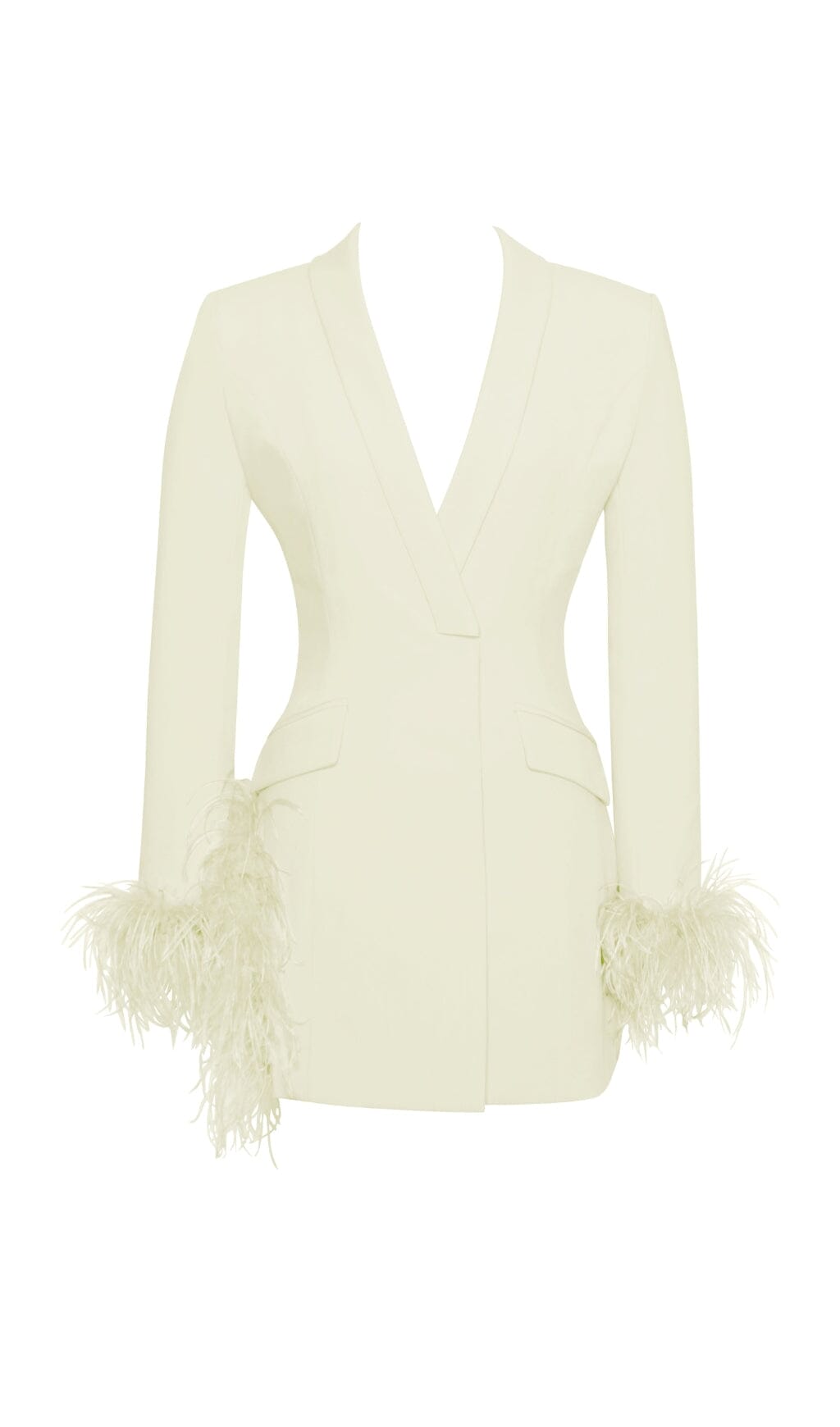 Vestido blazer con ribete de plumas en blanco perla