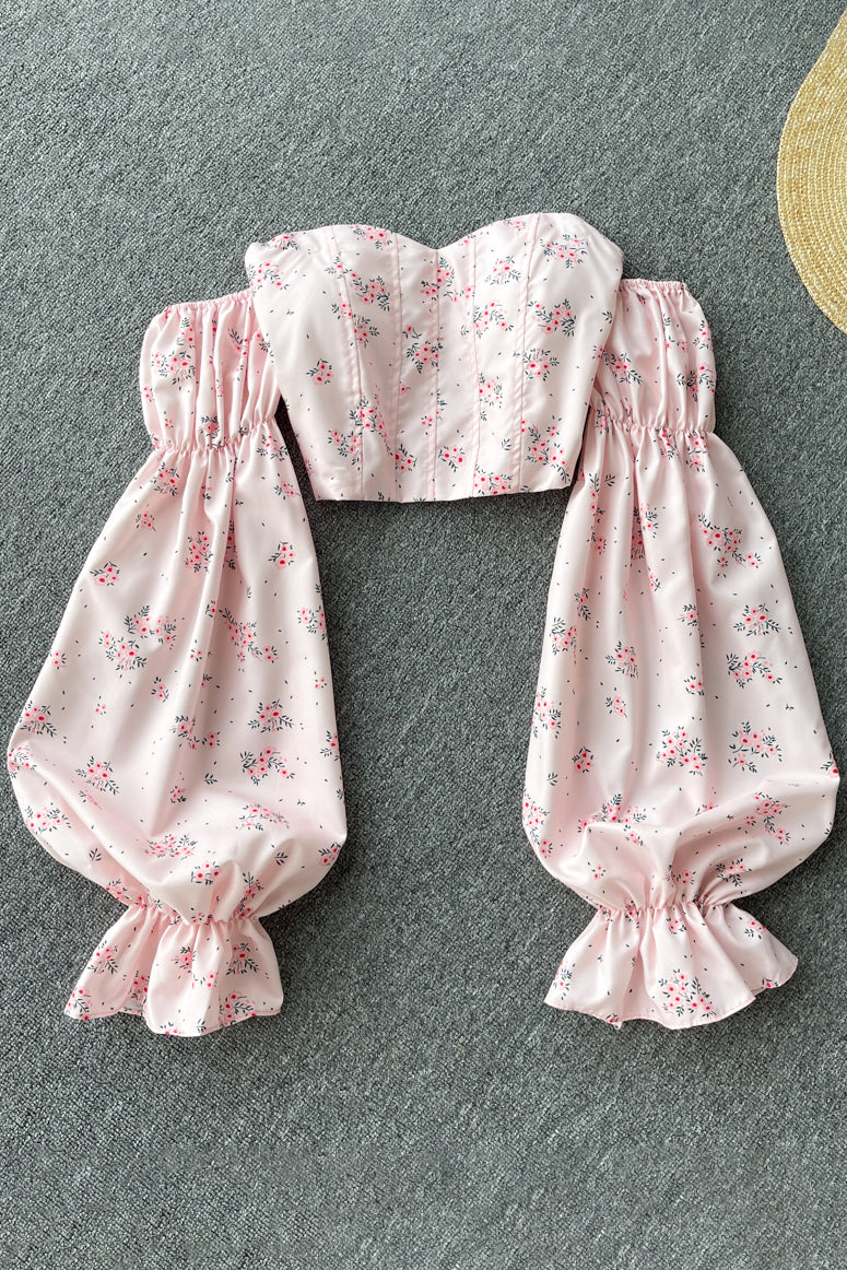 Trägerlose Bluse mit Blumenmuster, elastisch, gerüscht, schmale Langarmoberteile, schulterfrei, kurze Bluse