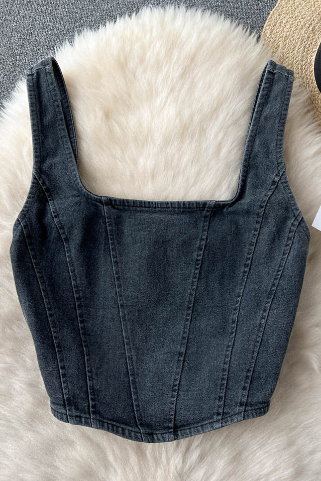 Denim Design Camisole Square Neck Zipper High Street Damen Tank Top