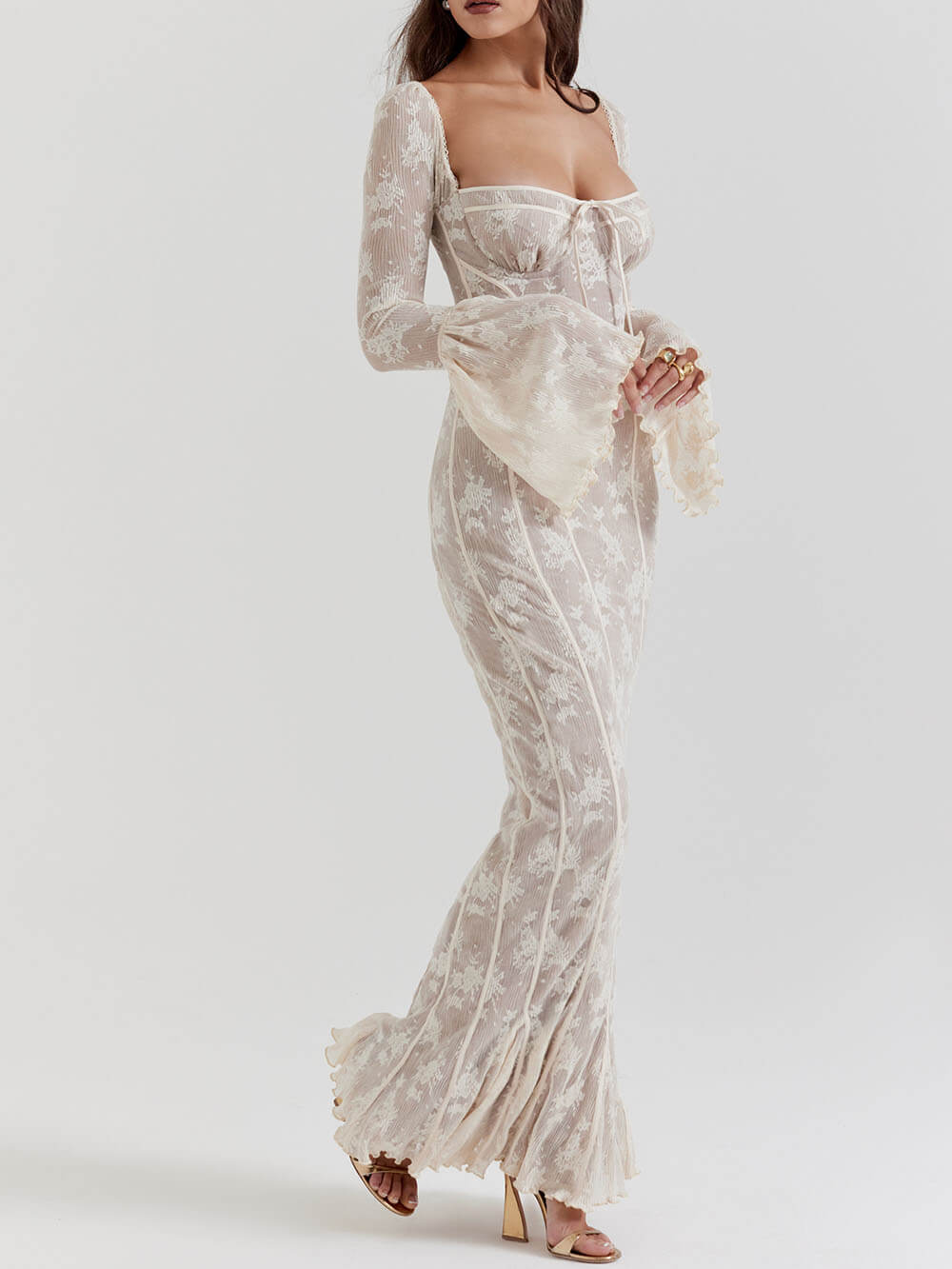 Vintage Creme Stilvolles Maxikleid aus Spitze