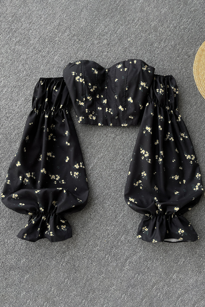 Trägerlose Bluse mit Blumenmuster, elastisch, gerüscht, schmale Langarmoberteile, schulterfrei, kurze Bluse