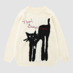 Suéter jacquard con estampado de gato de dibujos animados