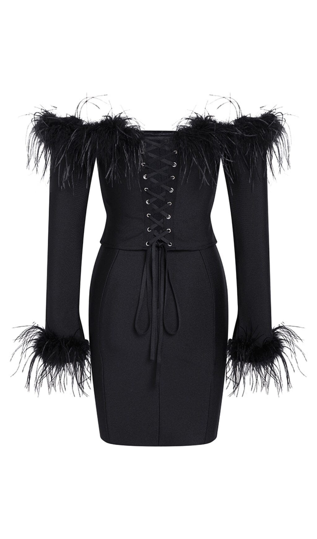 Minivestido negro con corsé de plumas