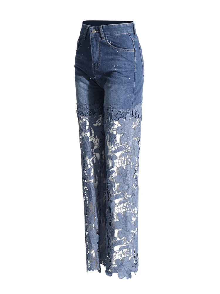 Aushöhlen Spitze Patchwork Weite Beinhose Jeans