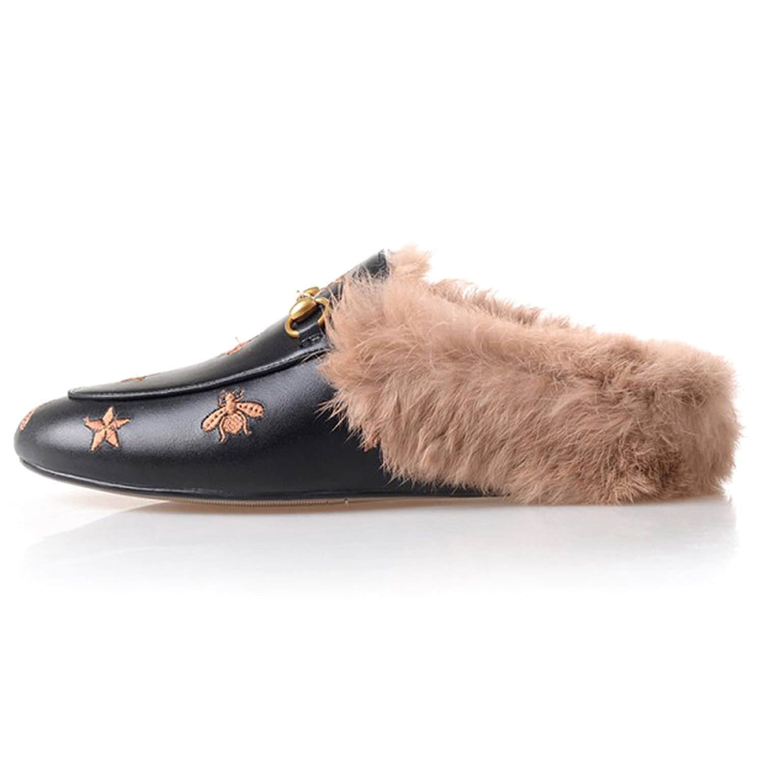 Mules de piel peluda con bordado de estrella de abeja