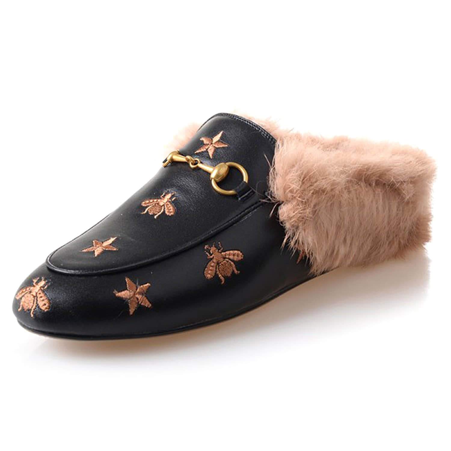 Mules de piel peluda con bordado de estrella de abeja