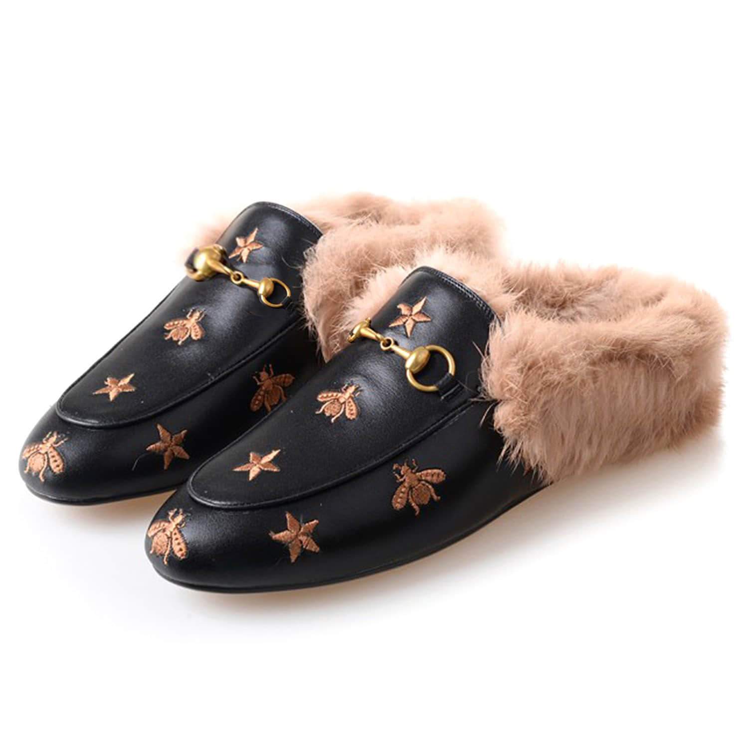 Mules de piel peluda con bordado de estrella de abeja