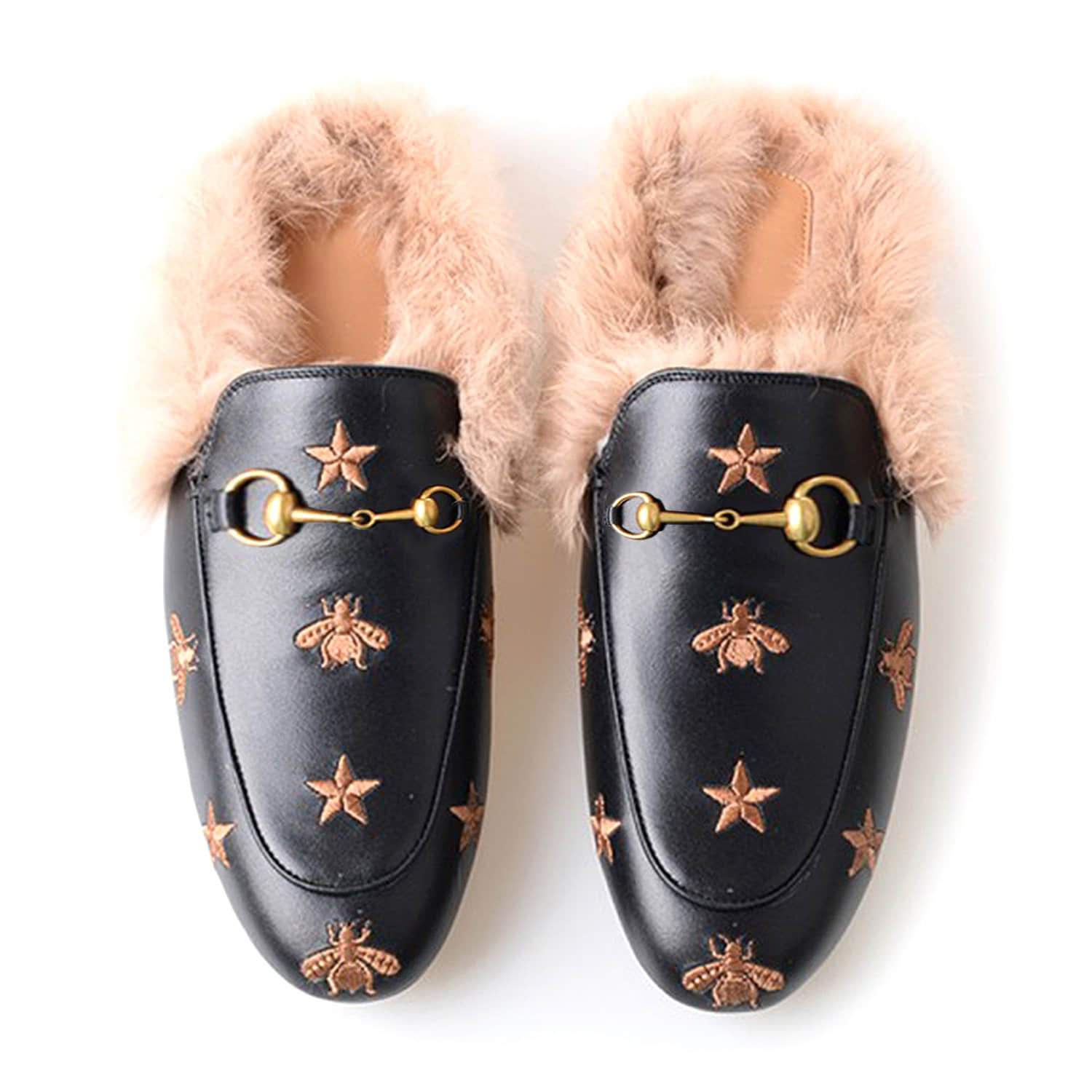 Mules de piel peluda con bordado de estrella de abeja