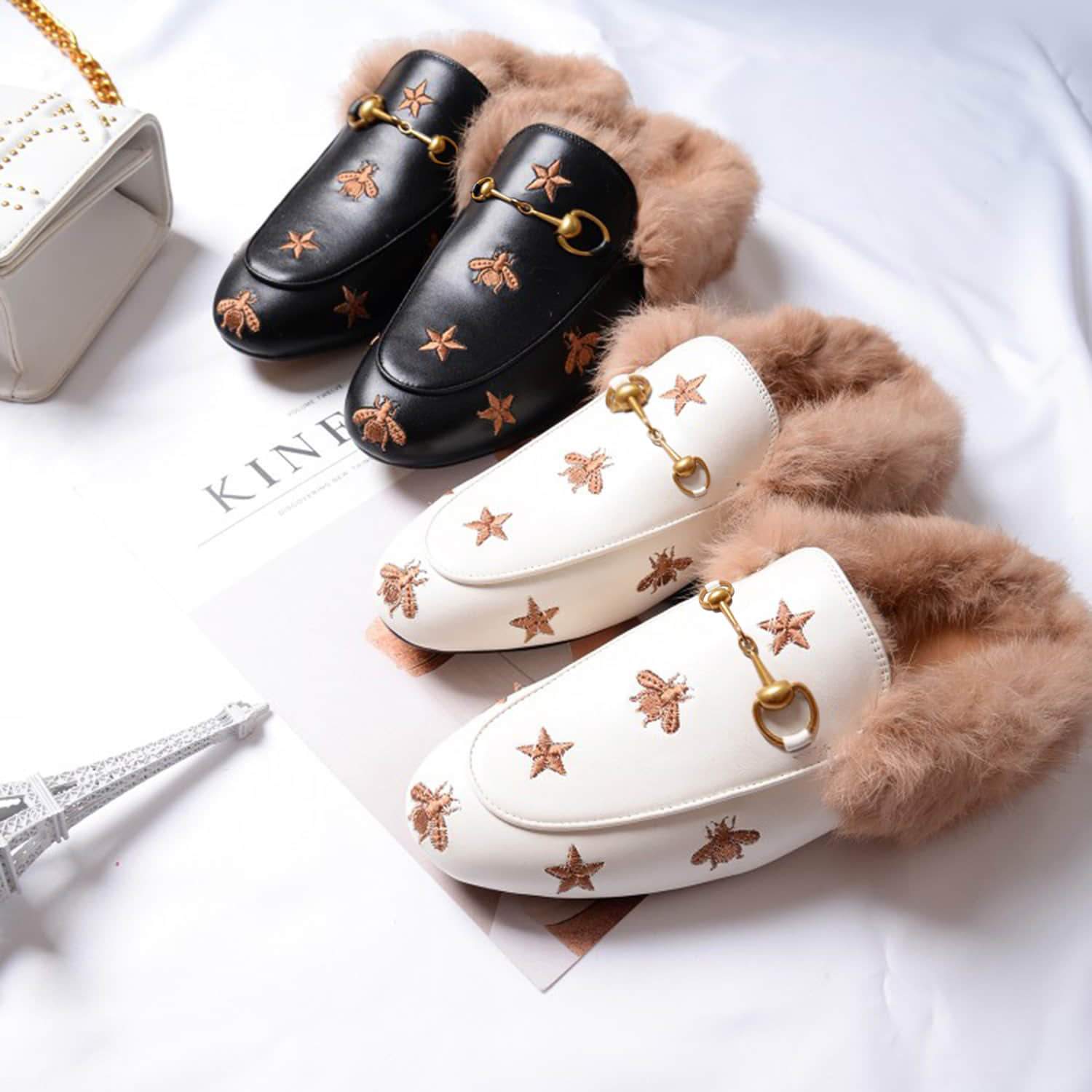 Mules de piel peluda con bordado de estrella de abeja