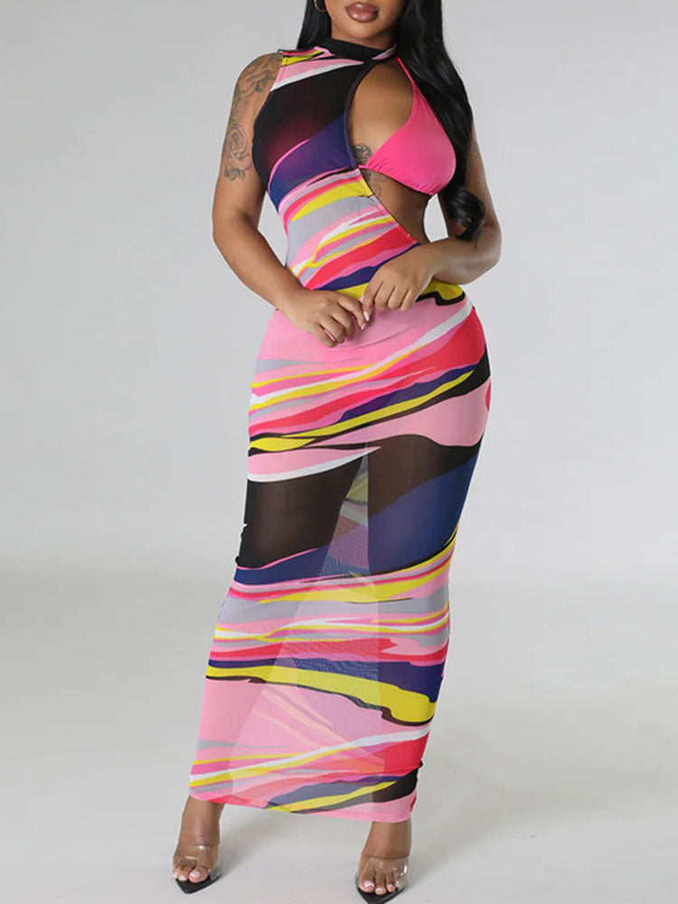 Maxikleid aus Netzstoff mit unregelmäßigem Print und Bikini-Set
