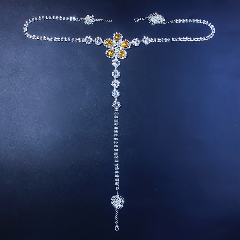 Sexy gelbe, blumenförmige Strass-Höschen-Körperkette XG2189 (für alle Größen geeignet)