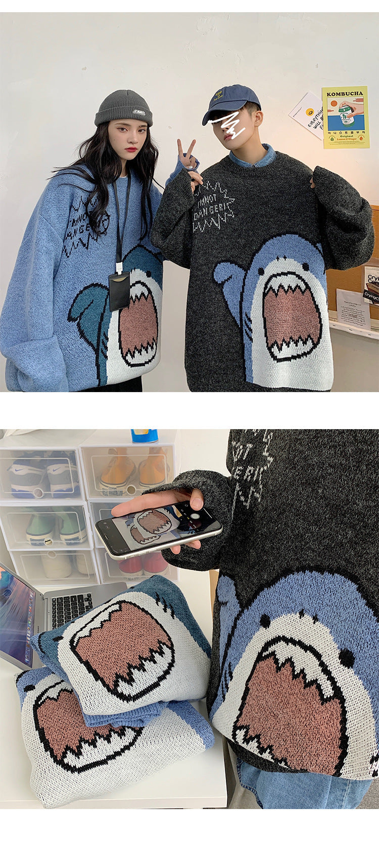 Strickpullover mit Hai-Klatschmuster