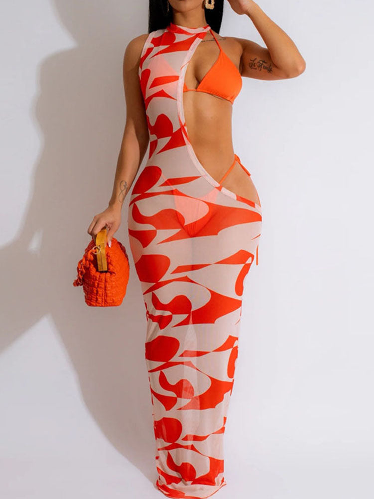 Maxikleid aus Netzstoff mit unregelmäßigem Print und Bikini-Set