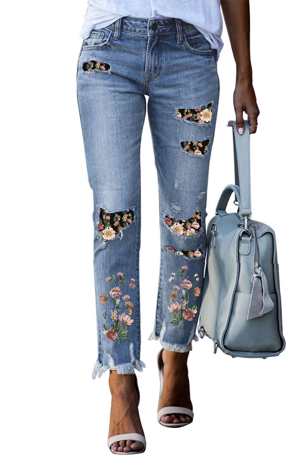 Himmelblaue Skinny Jeans mit Patch-Print und Rissen