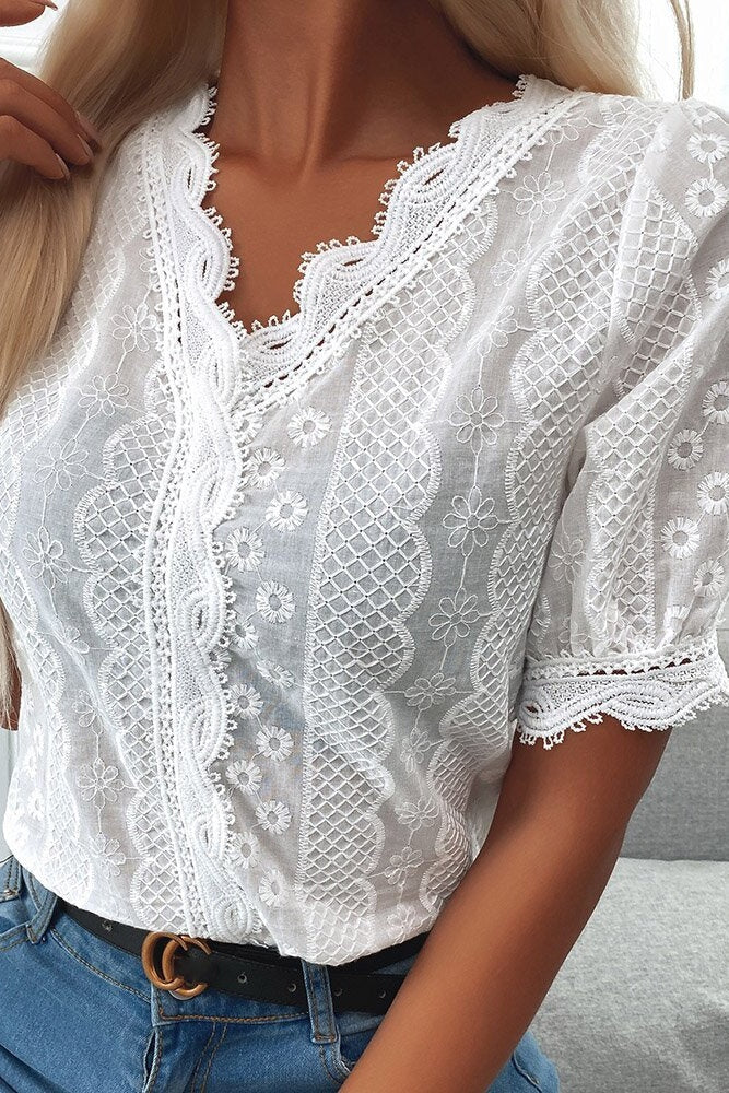 V-Neck Lace Hem Eyelet Embroidered Top Ins street