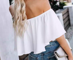 Taine – Schulterfreies Crop-Top mit Wellenkante - Weiß