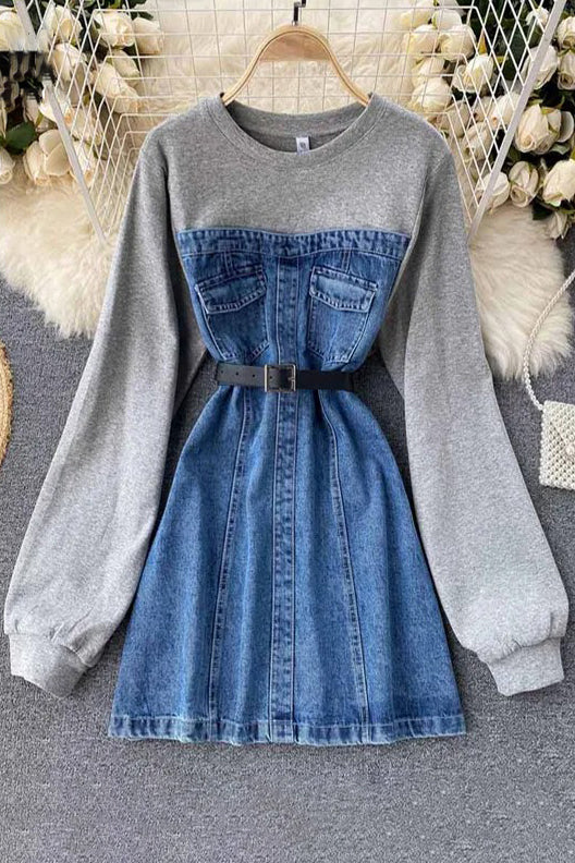 Vestido vaquero con capucha, manga larga, algodón, patchwork, minivestido vaquero con cinturón