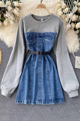 Vestido vaquero con capucha, manga larga, algodón, patchwork, minivestido vaquero con cinturón