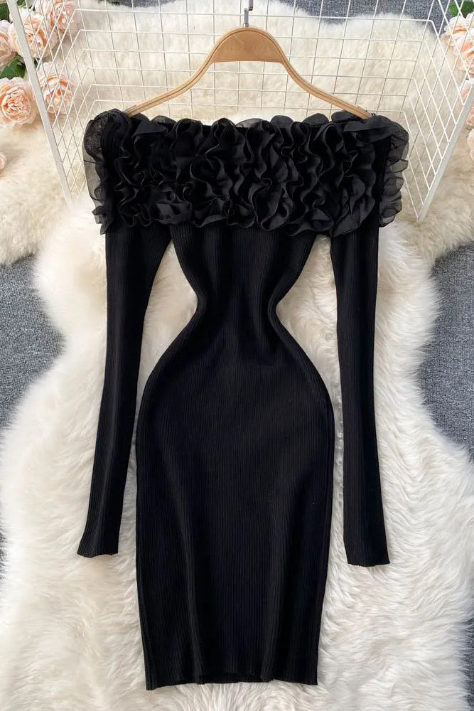Romantisches, figurbetontes Partykleid mit 3D-Blumen, elegantes, schulterfreies, langärmeliges Strickkleid