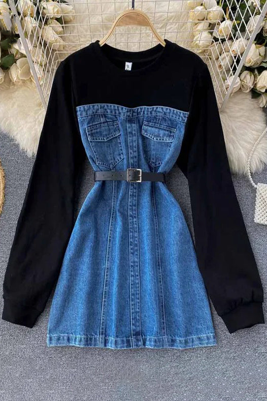 Vestido vaquero con capucha, manga larga, algodón, patchwork, minivestido vaquero con cinturón