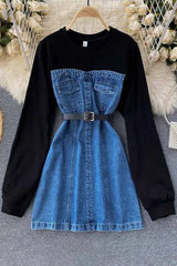 Vestido vaquero con capucha, manga larga, algodón, patchwork, minivestido vaquero con cinturón