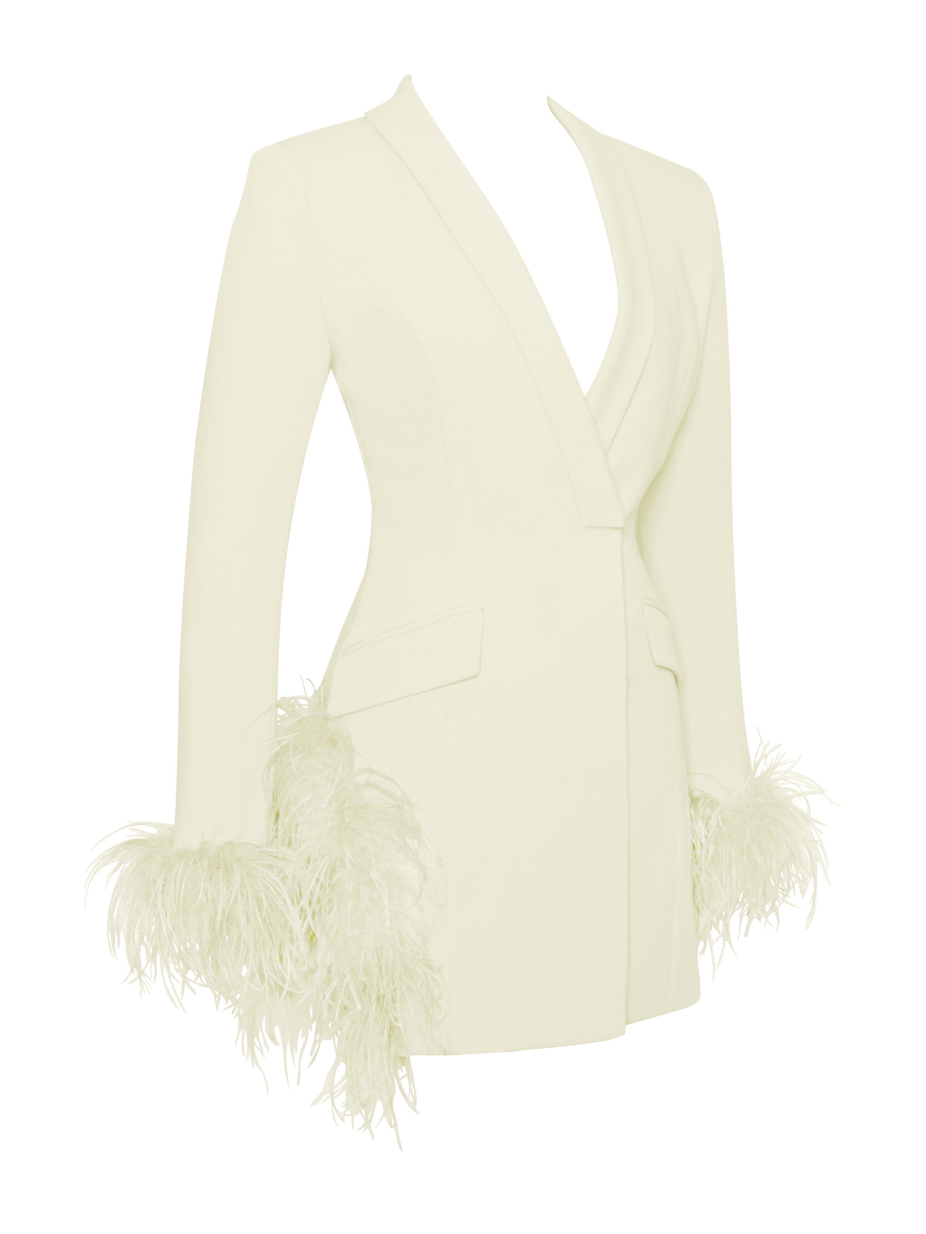 Vestido blazer con ribete de plumas en blanco perla