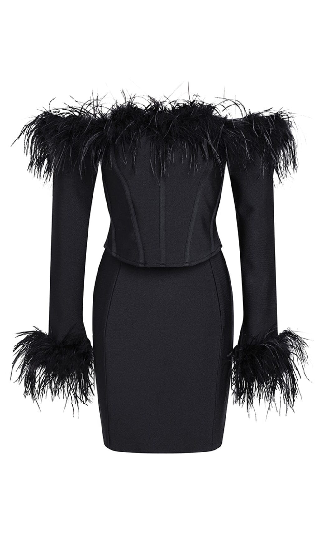 Minivestido negro con corsé de plumas