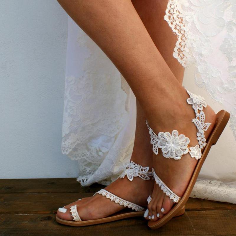 Braut Blumen Riemchen Flache Weiße Hochzeitssandalen