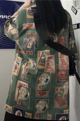 Vintage Chinese Art Pattern Short Sleeve Blouse Shirt
