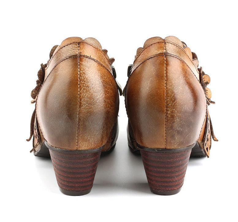 Botas de tacón de piel auténtica, estilo bohemio, estilo vintage