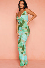 Mehrfarbiges, plissiertes Maxikleid mit Riemchen und Wasserfarben