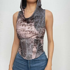 Ärmelloses, kontrastfarbenes Crop-Top mit Kapuze und Reißverschluss