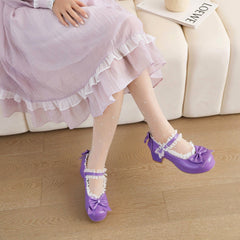 Süße Lolita-Schuhe mit rosa Schleifen und klobigem Absatz