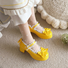 Süße Lolita-Schuhe mit rosa Schleifen und klobigem Absatz