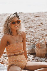 Orange Floral Ruffle Trim High Waist Bikini Bottom