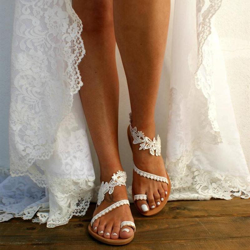 Braut Blumen Riemchen Flache Weiße Hochzeitssandalen