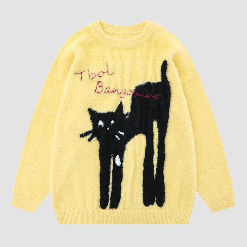 Suéter jacquard con estampado de gato de dibujos animados