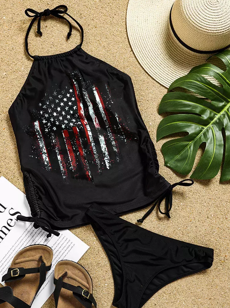 Neckholder-Tankini-Set mit Kordelzug und amerikanischer Flagge