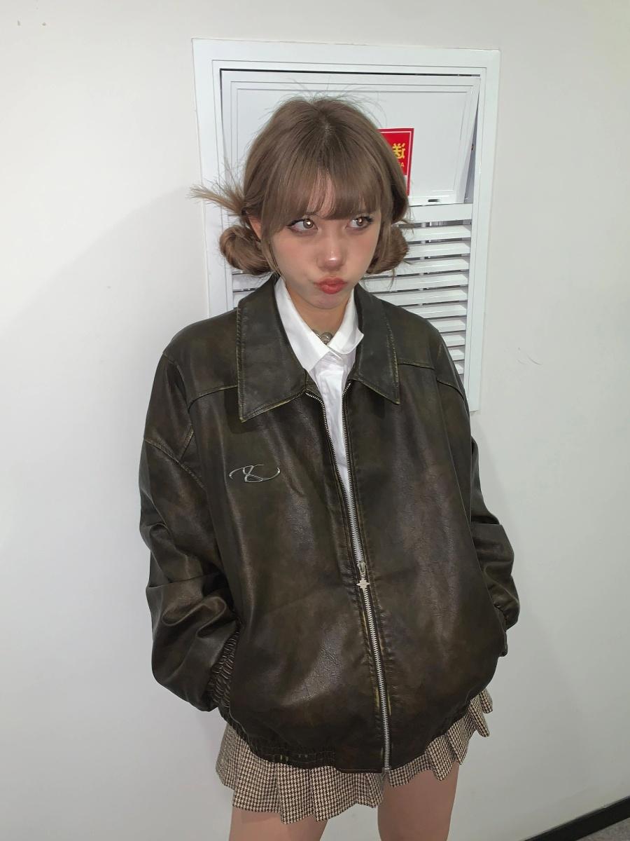 Chaqueta de cuero sintético para motocicleta con lavado vintage