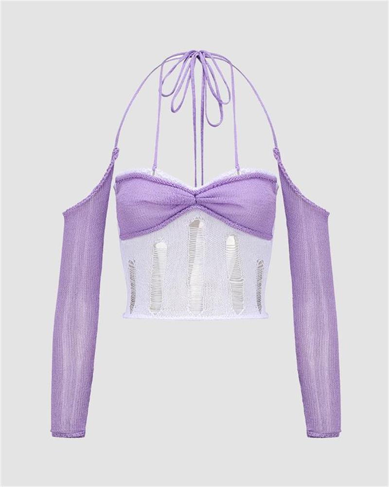 Lila-pflaumenfarbenes Häkeltop mit langen Ärmeln